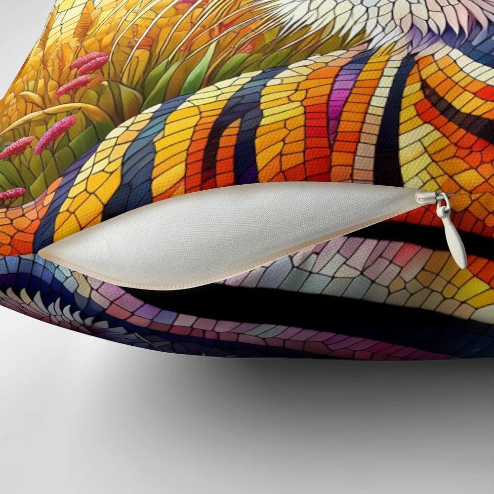 Colorful tiger illustration in mosaic style on a decorative throw pillow