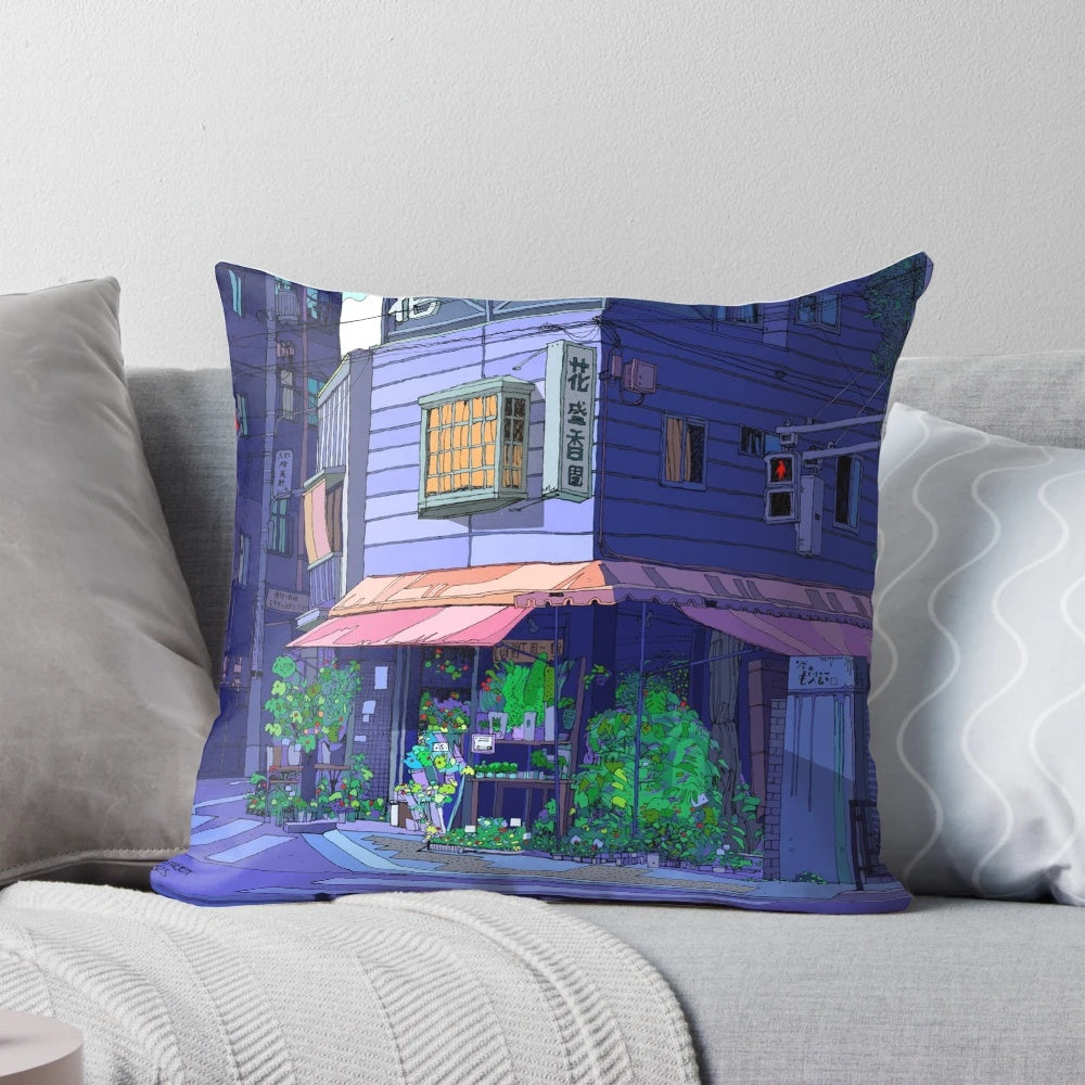 Colorful throw pillow featuring an illustration of a Tokyo flower shop in a bustling urban setting