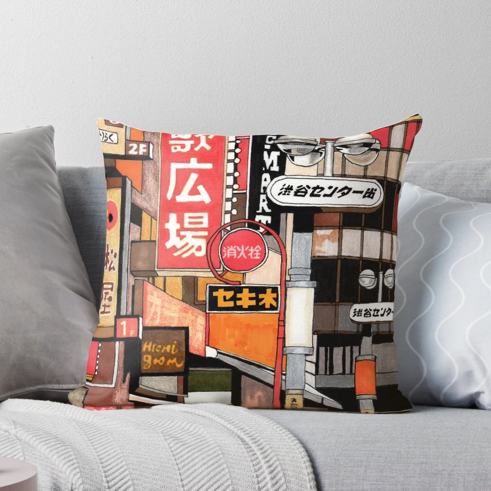Colorful throw pillow featuring Japanese-style street signs and neon lights