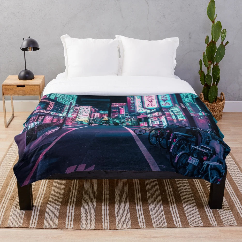 Tokyo Neon Lights Plush Blanket with Futuristic Cityscape