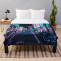 Tokyo Neon Lights Plush Blanket with Futuristic Cityscape
