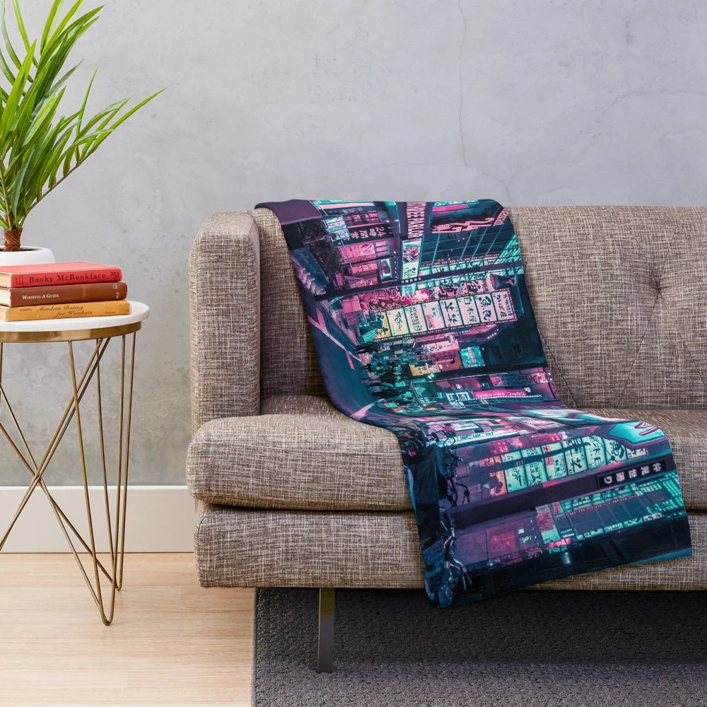 Tokyo Neon Lights Plush Blanket with Futuristic Cityscape