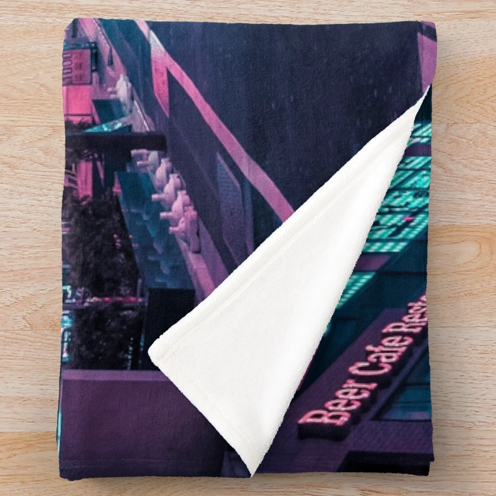 Tokyo Neon Lights Plush Blanket with Futuristic Cityscape