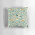 Decorative square pillow featuring a vibrant cityscape of Toronto's iconic buildings, buses, and streetcars.