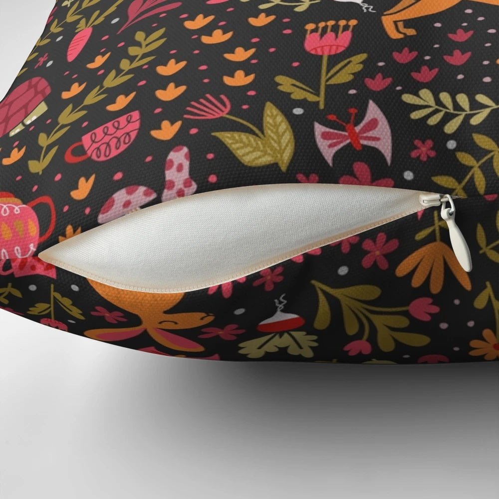 Colorful decorative throw pillow featuring a whimsical design of a tortoise and hare in a botanical garden setting.