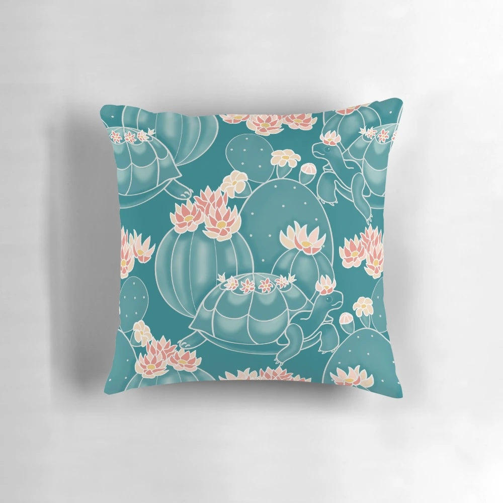 A colorful pillow featuring a detailed tortoise or turtle pattern, perfect for adding a touch of nature to any room.