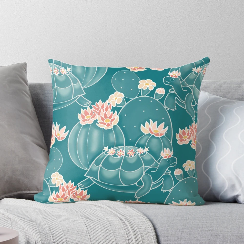 A colorful pillow featuring a detailed tortoise or turtle pattern, perfect for adding a touch of nature to any room.