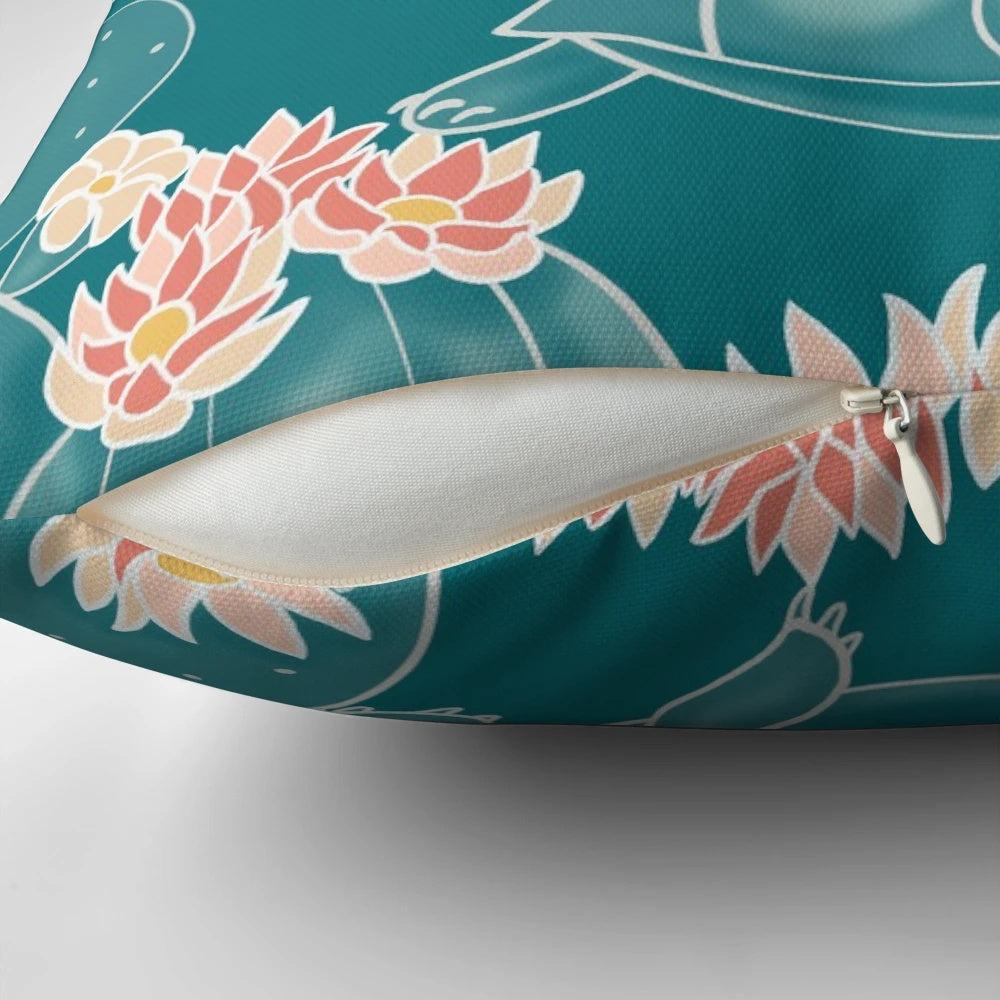 A colorful pillow featuring a detailed tortoise or turtle pattern, perfect for adding a touch of nature to any room.