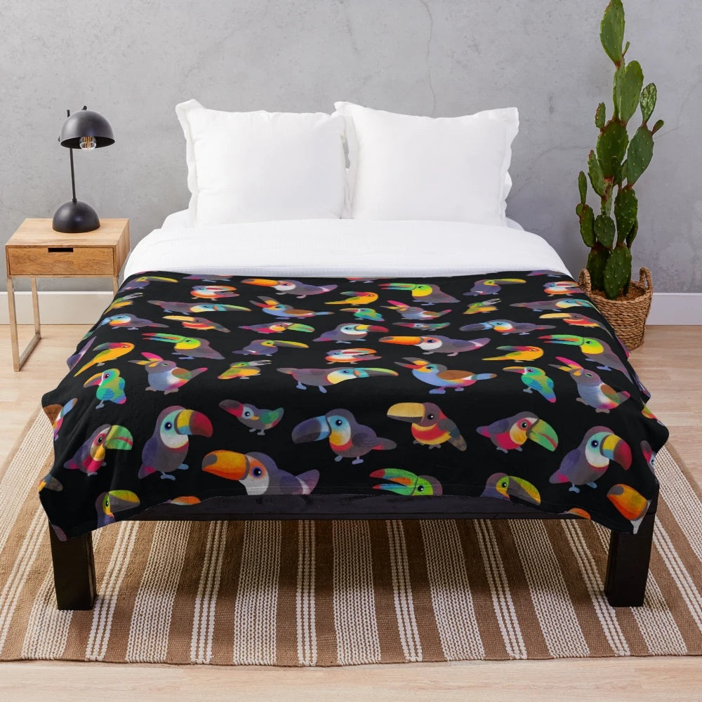 Plush toucan-themed blanket in tropical colors
