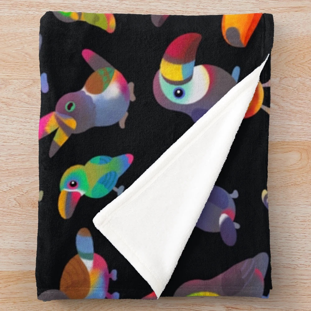 Plush toucan-themed blanket in tropical colors