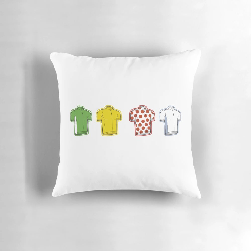 Colorful cycling-themed pillow featuring the iconic Tour de France design