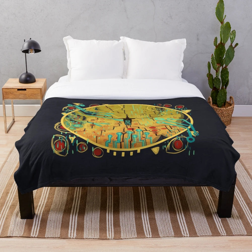 Transistor-inspired plush blanket featuring a vibrant, abstract circuit design