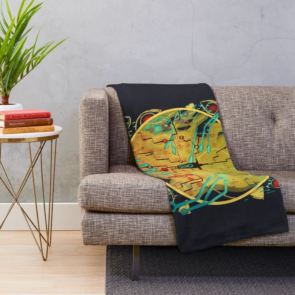 Transistor-inspired plush blanket featuring a vibrant, abstract circuit design