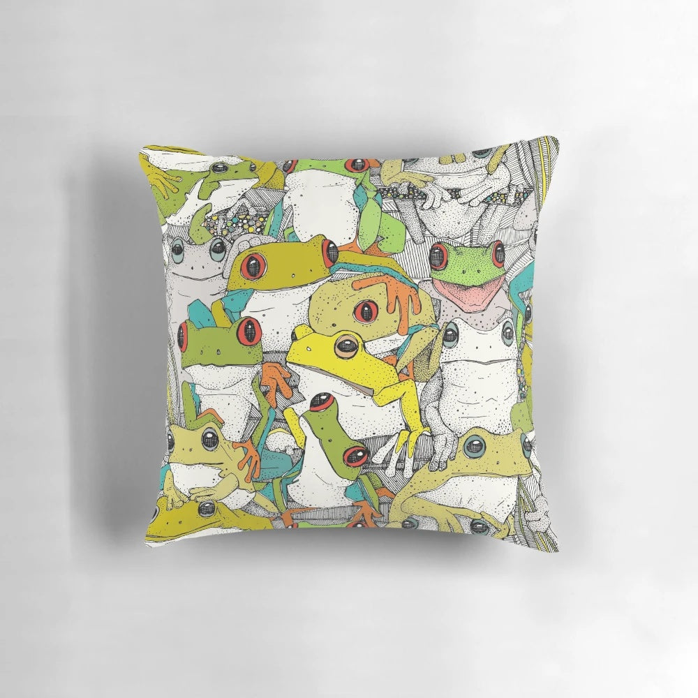 Colorful throw pillow featuring a vibrant tree frog design against a nature-inspired background.