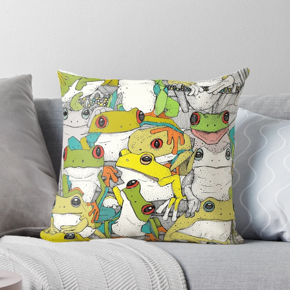 Colorful throw pillow featuring a vibrant tree frog design against a nature-inspired background.