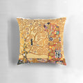 Decorative throw pillow featuring a vibrant and colorful Tree of Life design inspired by the famous artwork of Gustav Klimt.