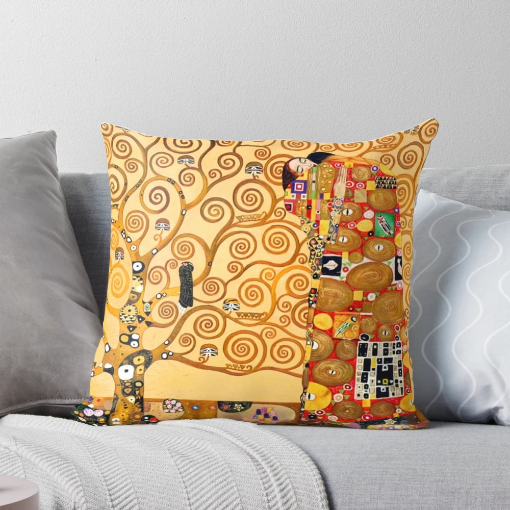 Decorative throw pillow featuring a vibrant and colorful Tree of Life design inspired by the famous artwork of Gustav Klimt.