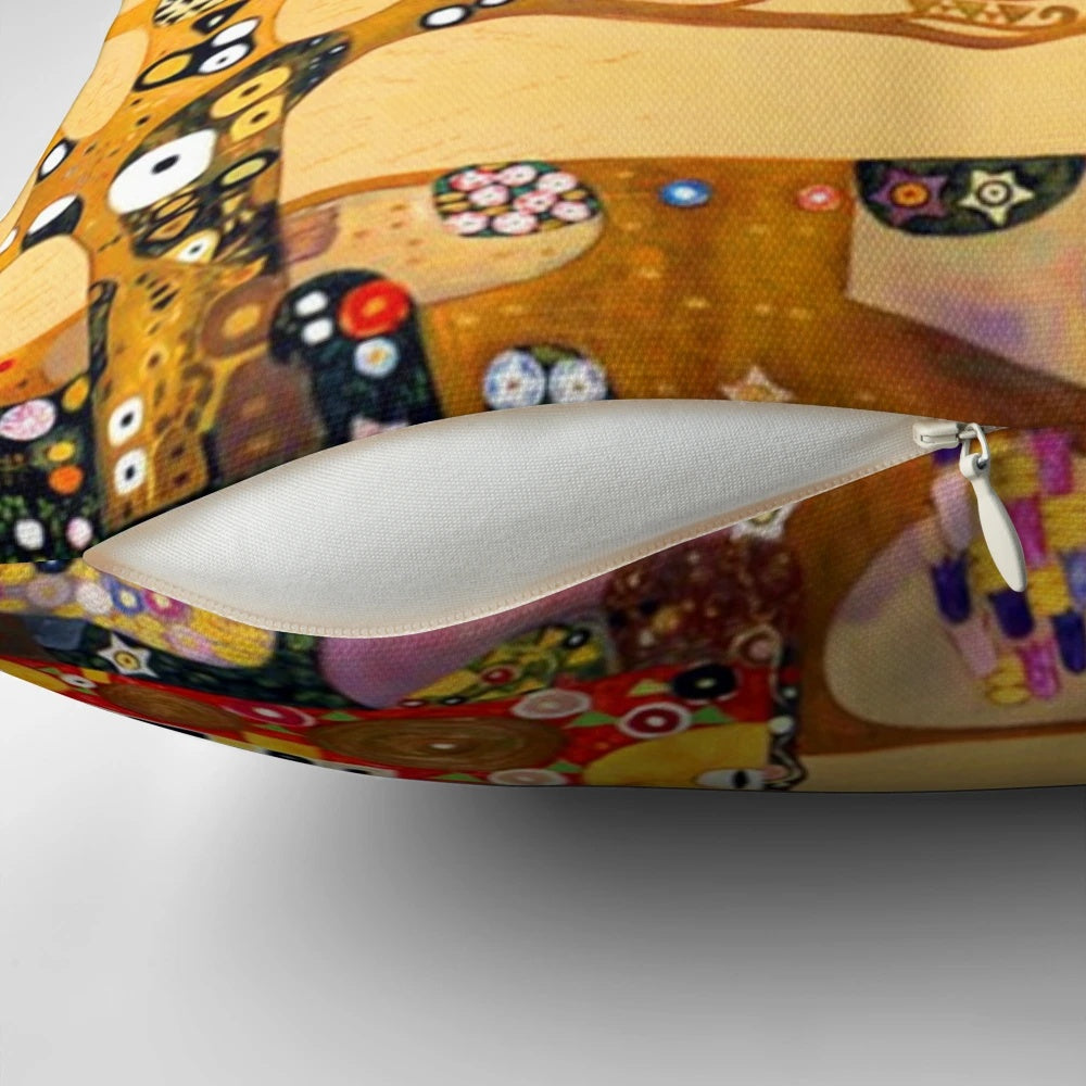 Decorative throw pillow featuring a vibrant and colorful Tree of Life design inspired by the famous artwork of Gustav Klimt.