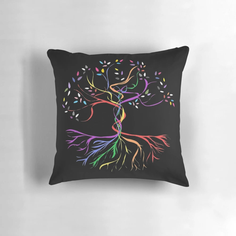Vibrant Tree of Life Pride Pillow with colorful rainbow and LGBTQ+ symbols