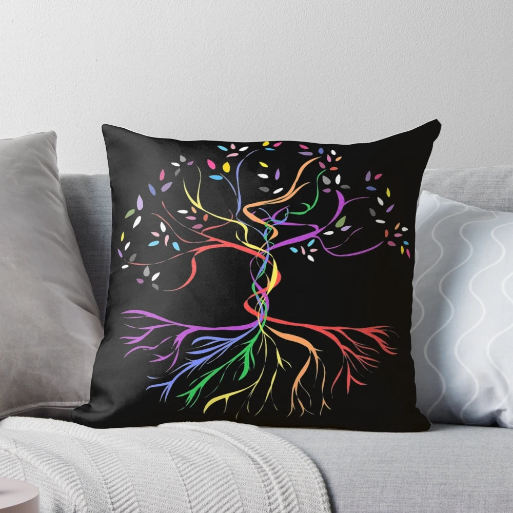 Vibrant Tree of Life Pride Pillow with colorful rainbow and LGBTQ+ symbols