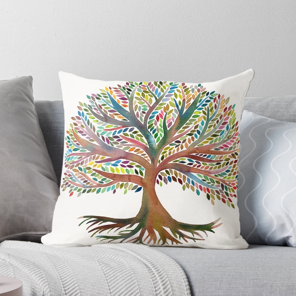 Colorful watercolor painting of the Tree of Life pattern on a decorative throw pillow