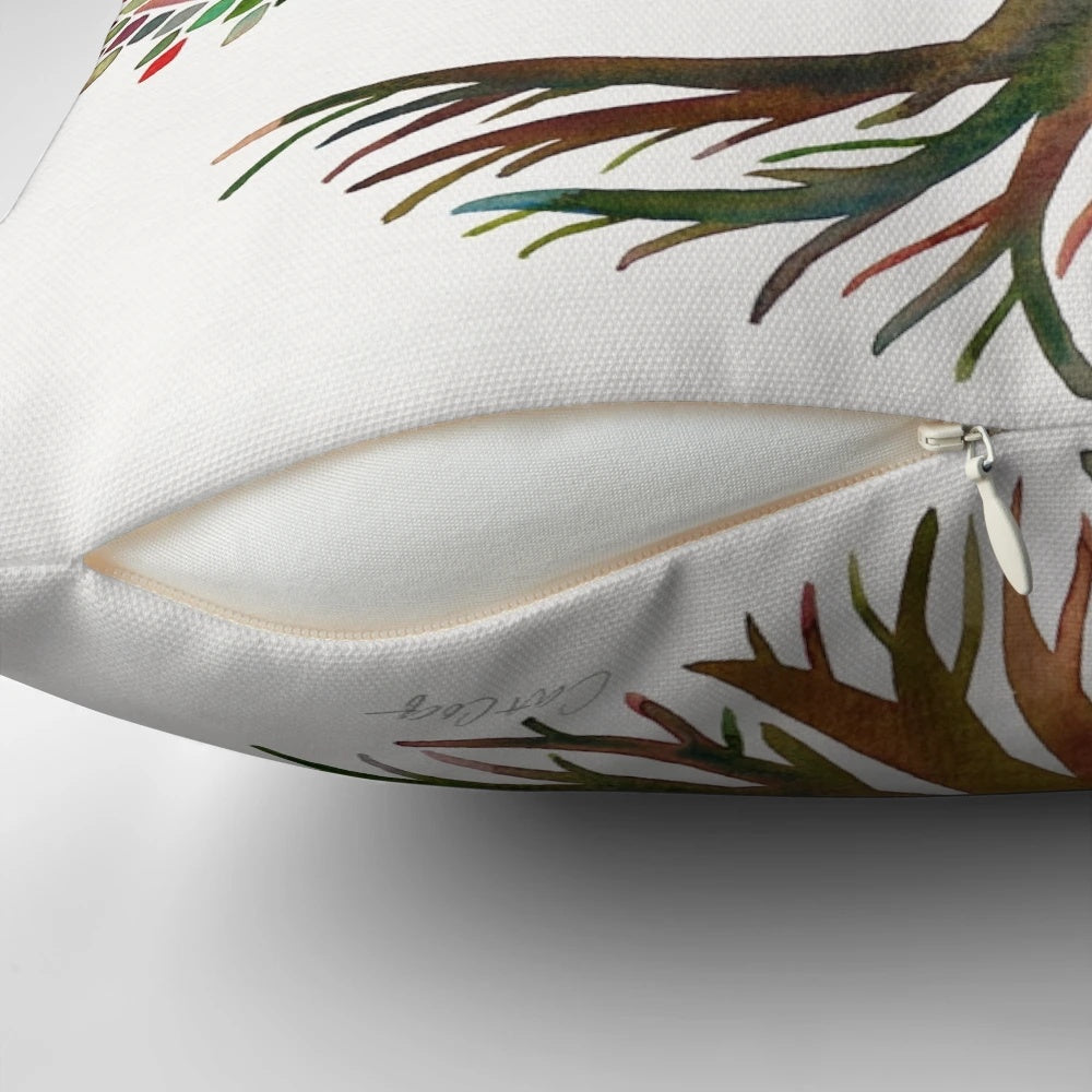 Colorful watercolor painting of the Tree of Life pattern on a decorative throw pillow