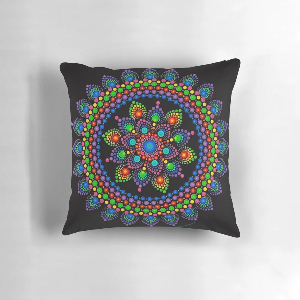 Vibrant rainbow-colored trippy mandala design printed on a soft, plush throw pillow.