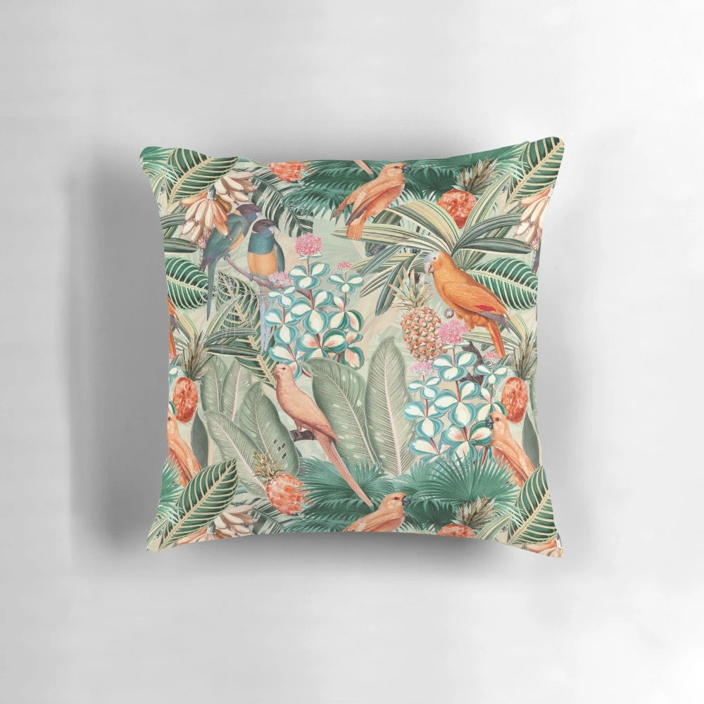Vintage-inspired orange and green tropical bird and botanical garden pattern pillow