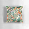 Vintage-inspired orange and green tropical bird and botanical garden pattern pillow