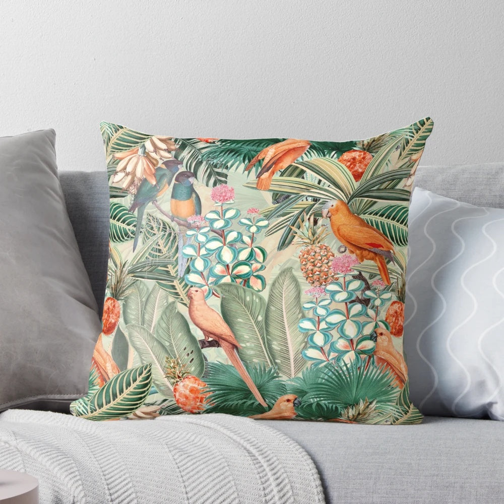 Vintage-inspired orange and green tropical bird and botanical garden pattern pillow