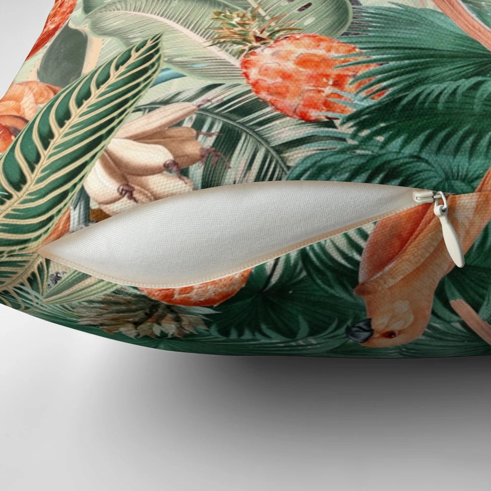 Vintage-inspired orange and green tropical bird and botanical garden pattern pillow