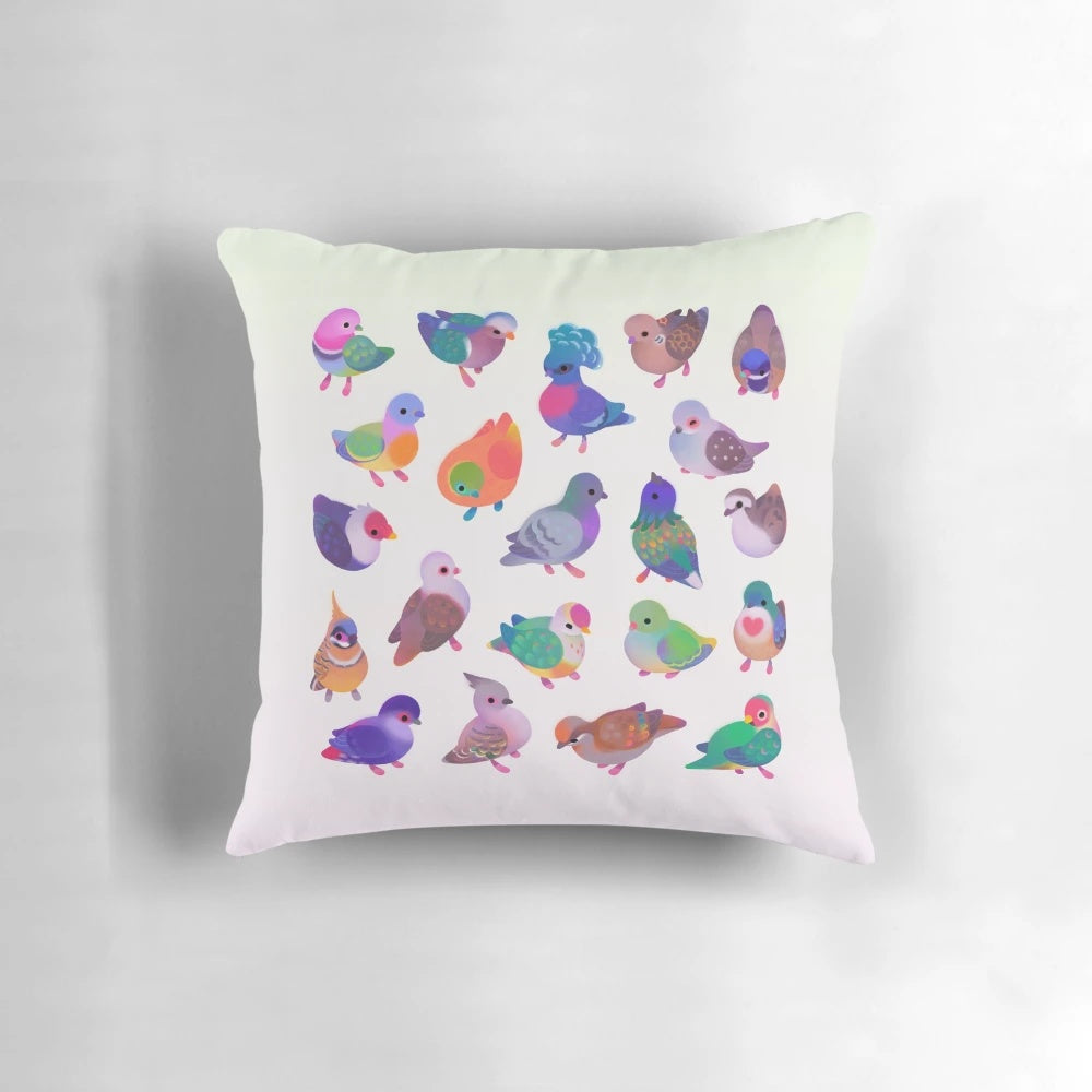 Decorative pillow featuring a vibrant, colorful tropical bird design - a beautiful pigeon or dove species.