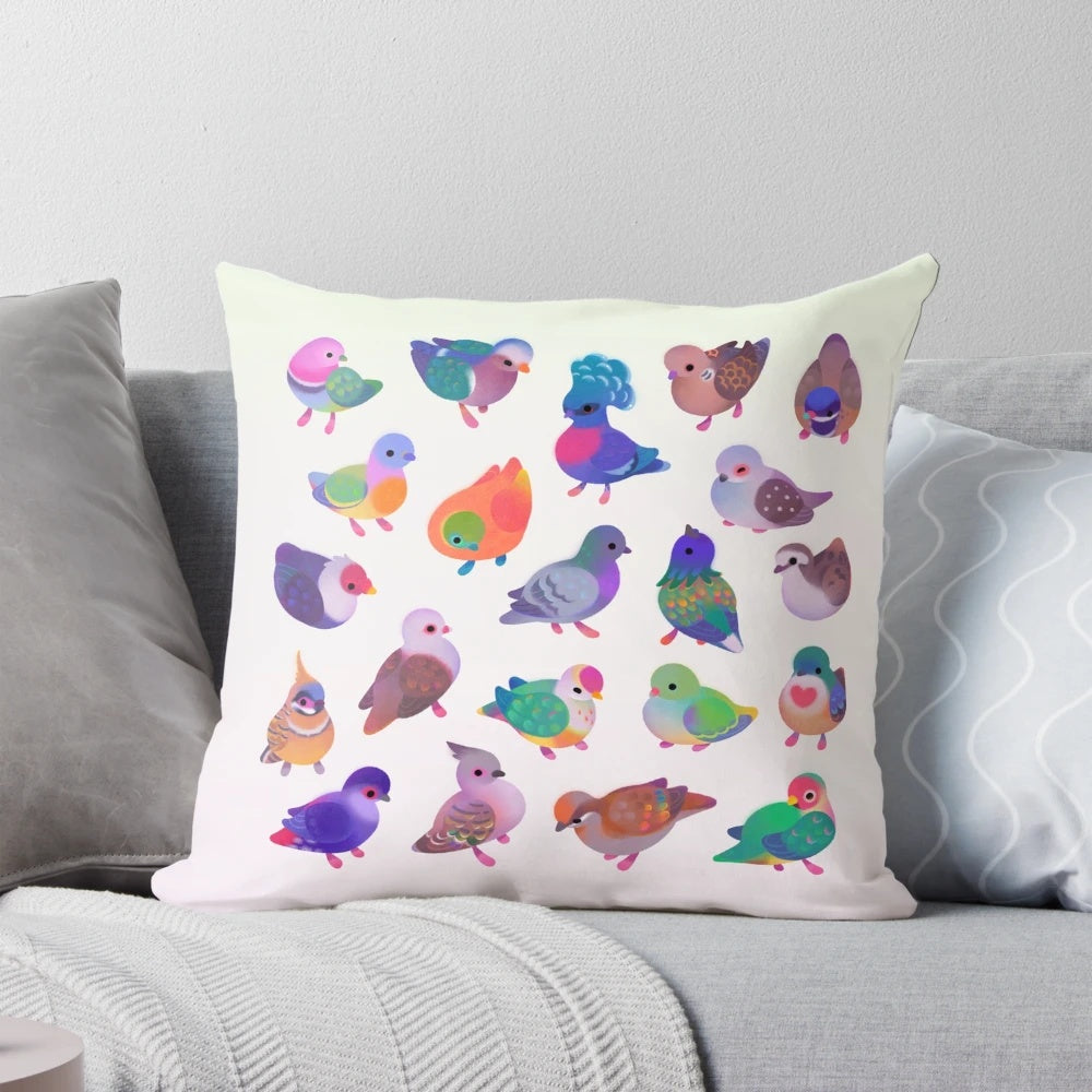 Decorative pillow featuring a vibrant, colorful tropical bird design - a beautiful pigeon or dove species.