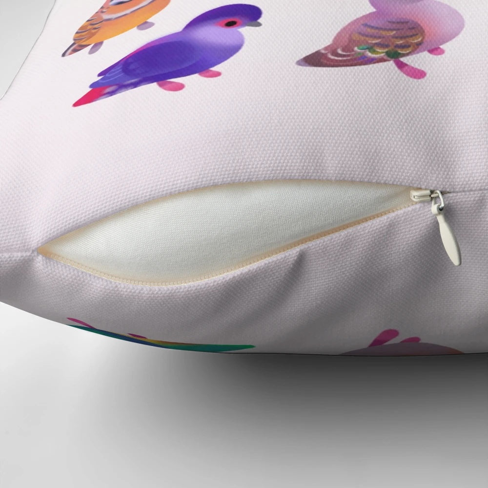 Decorative pillow featuring a vibrant, colorful tropical bird design - a beautiful pigeon or dove species.