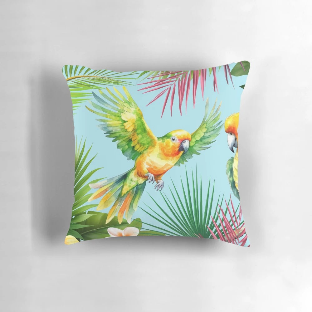 Tropical birds and plants pillow featuring colorful parrots, lush foliage, and exotic flowers