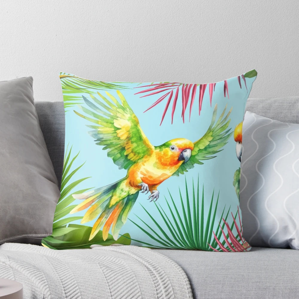 Tropical birds and plants pillow featuring colorful parrots, lush foliage, and exotic flowers