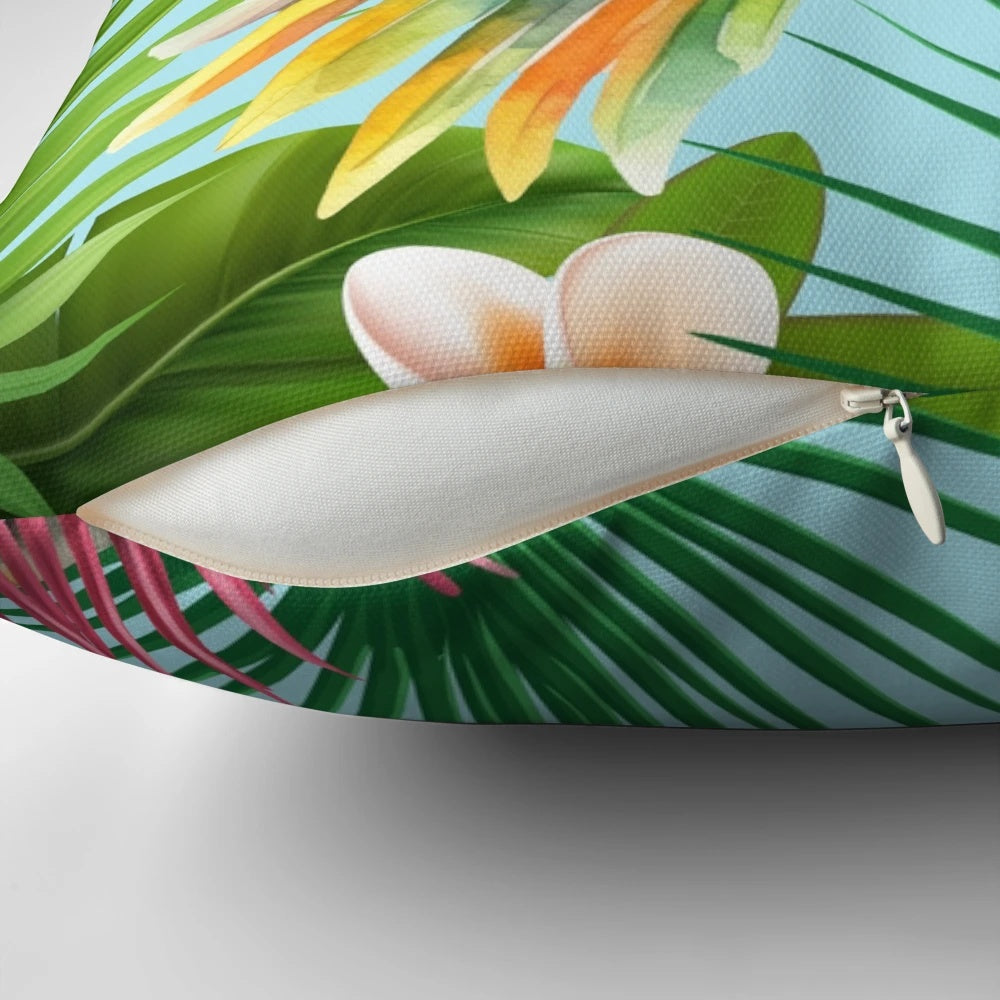 Tropical birds and plants pillow featuring colorful parrots, lush foliage, and exotic flowers
