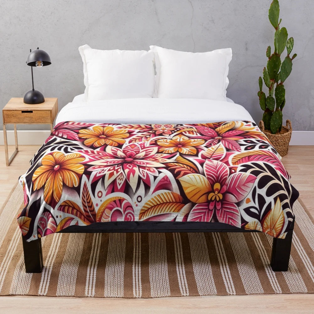Tropical Flame Garden Plush Blanket featuring vibrant floral and botanical motifs