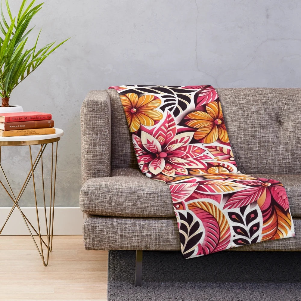 Tropical Flame Garden Plush Blanket featuring vibrant floral and botanical motifs