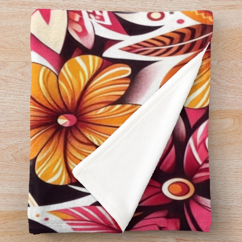 Tropical Flame Garden Plush Blanket featuring vibrant floral and botanical motifs