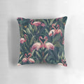 Closeup image of a tropical flamingo watercolor pattern on a plush pillow