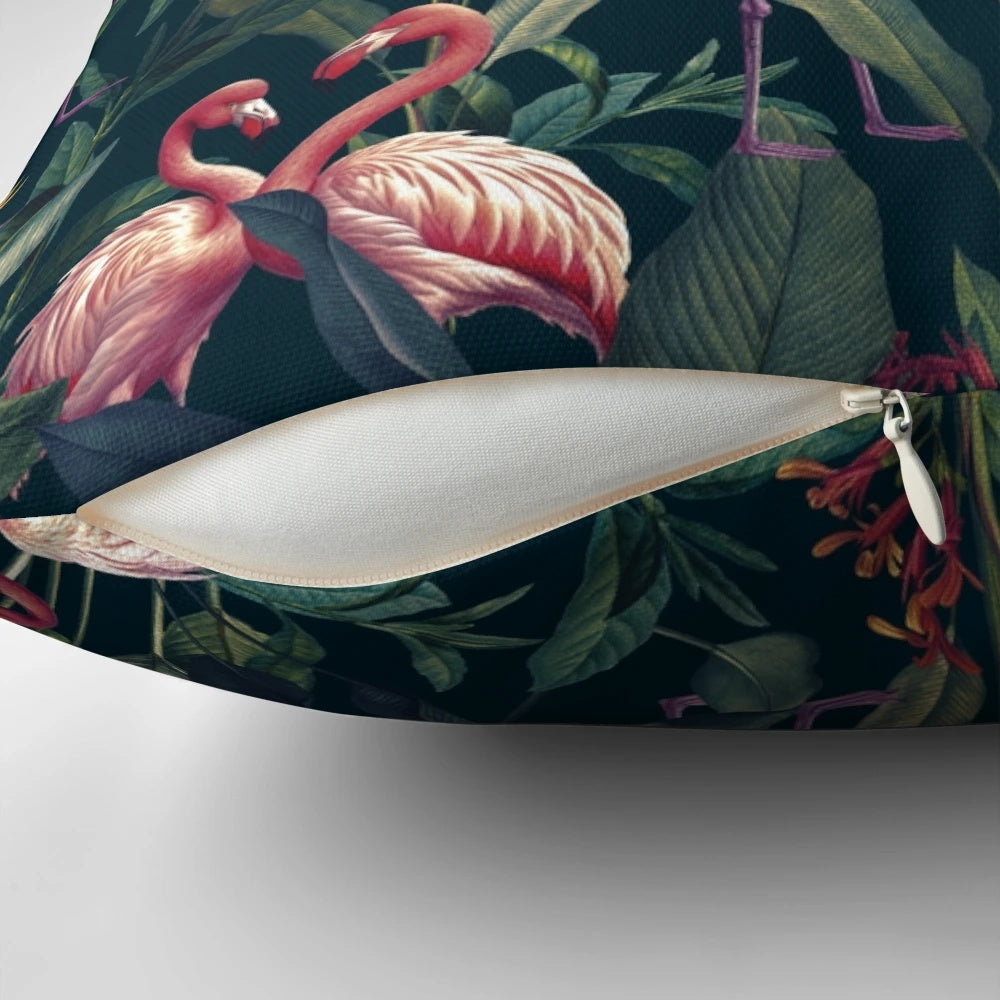 Closeup image of a tropical flamingo watercolor pattern on a plush pillow