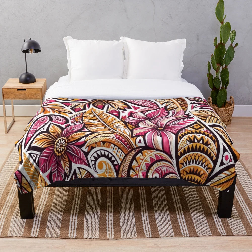 Tropical floral mosaic pattern plush blanket in vibrant pink and gold colors