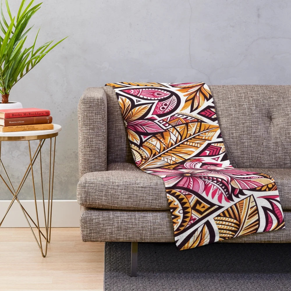 Tropical floral mosaic pattern plush blanket in vibrant pink and gold colors