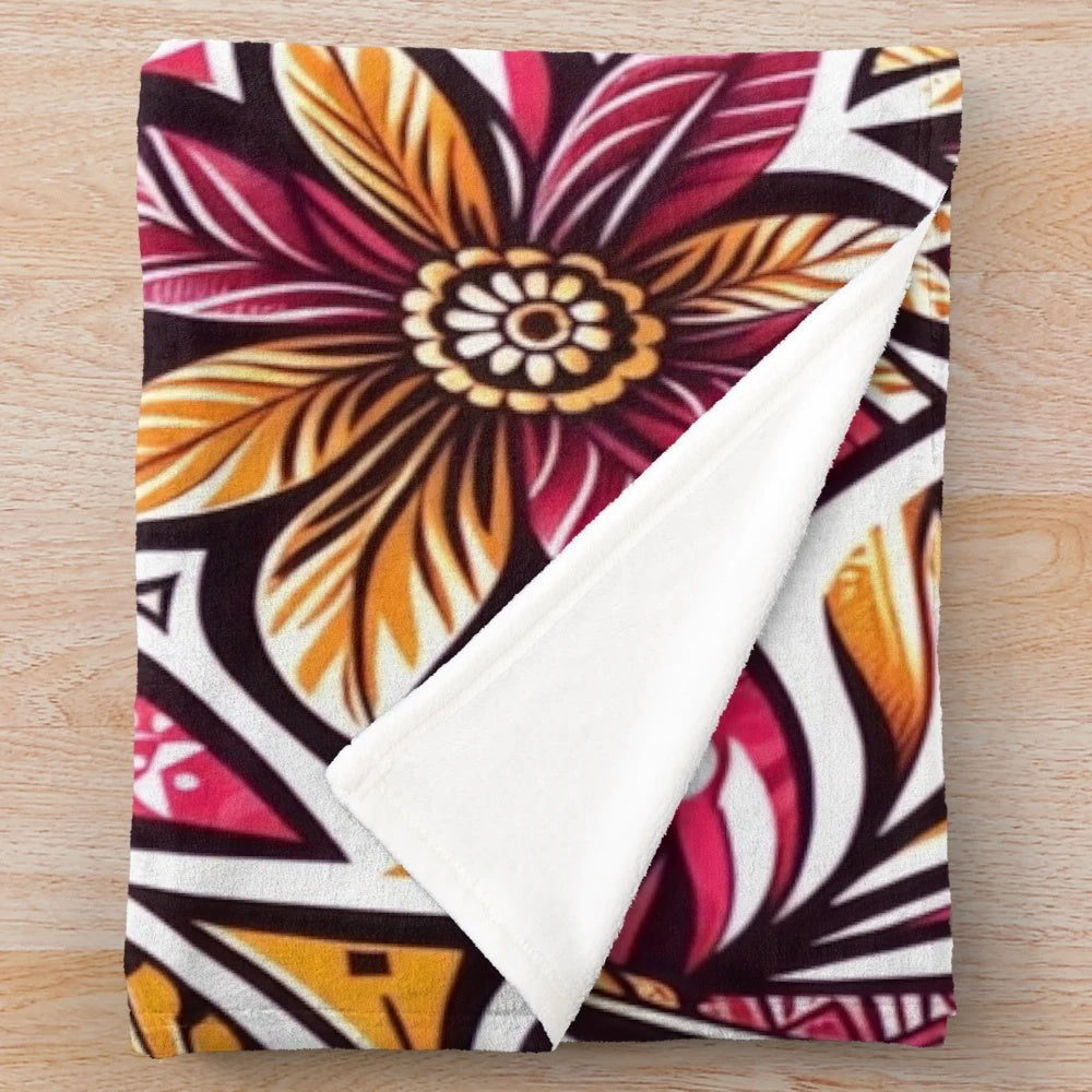 Tropical floral mosaic pattern plush blanket in vibrant pink and gold colors