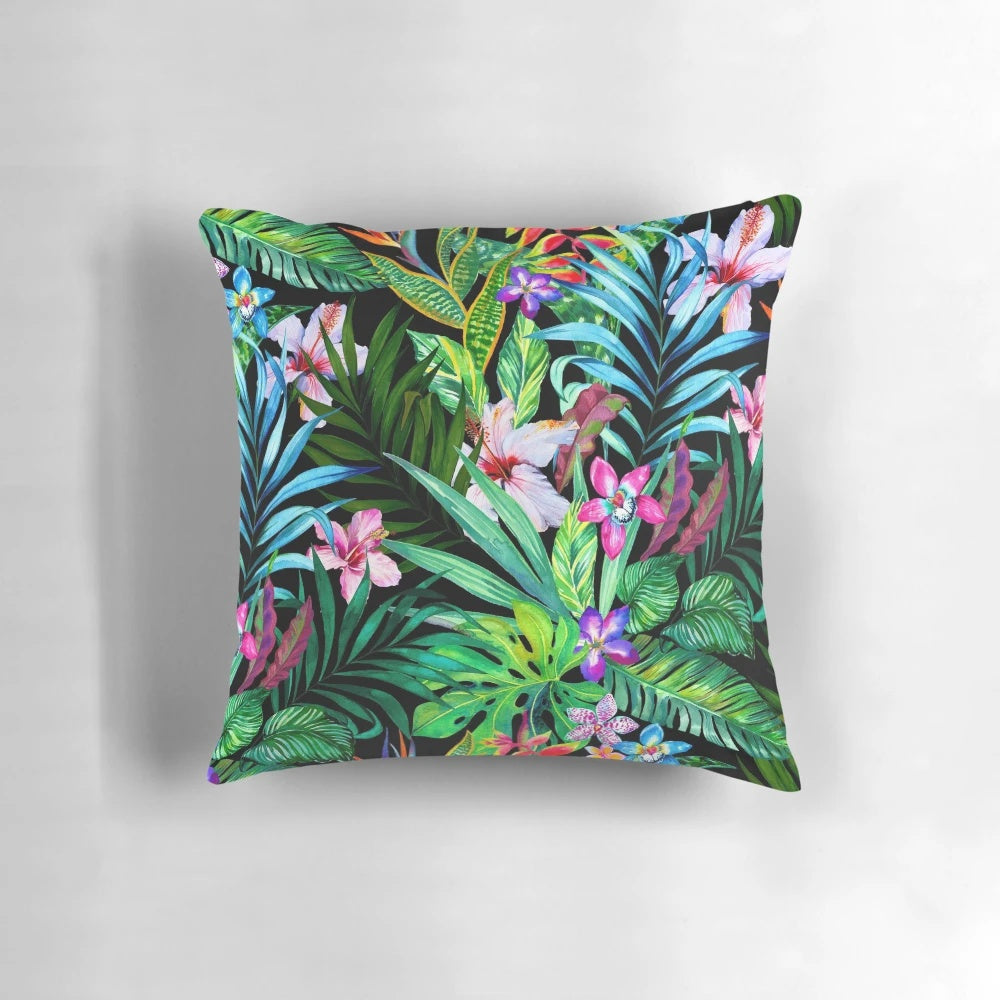 Colorful tropical floral pattern on a decorative throw pillow