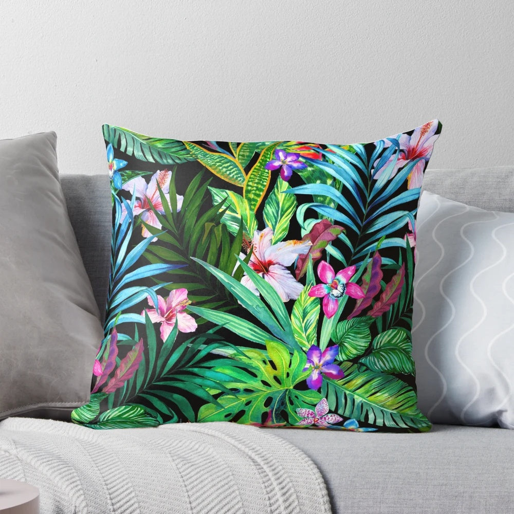 Colorful tropical floral pattern on a decorative throw pillow