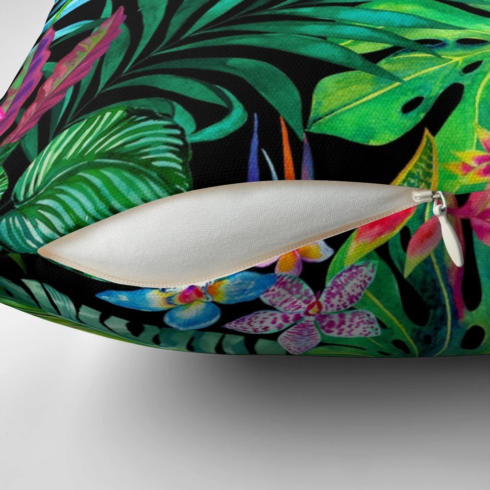 Colorful tropical floral pattern on a decorative throw pillow