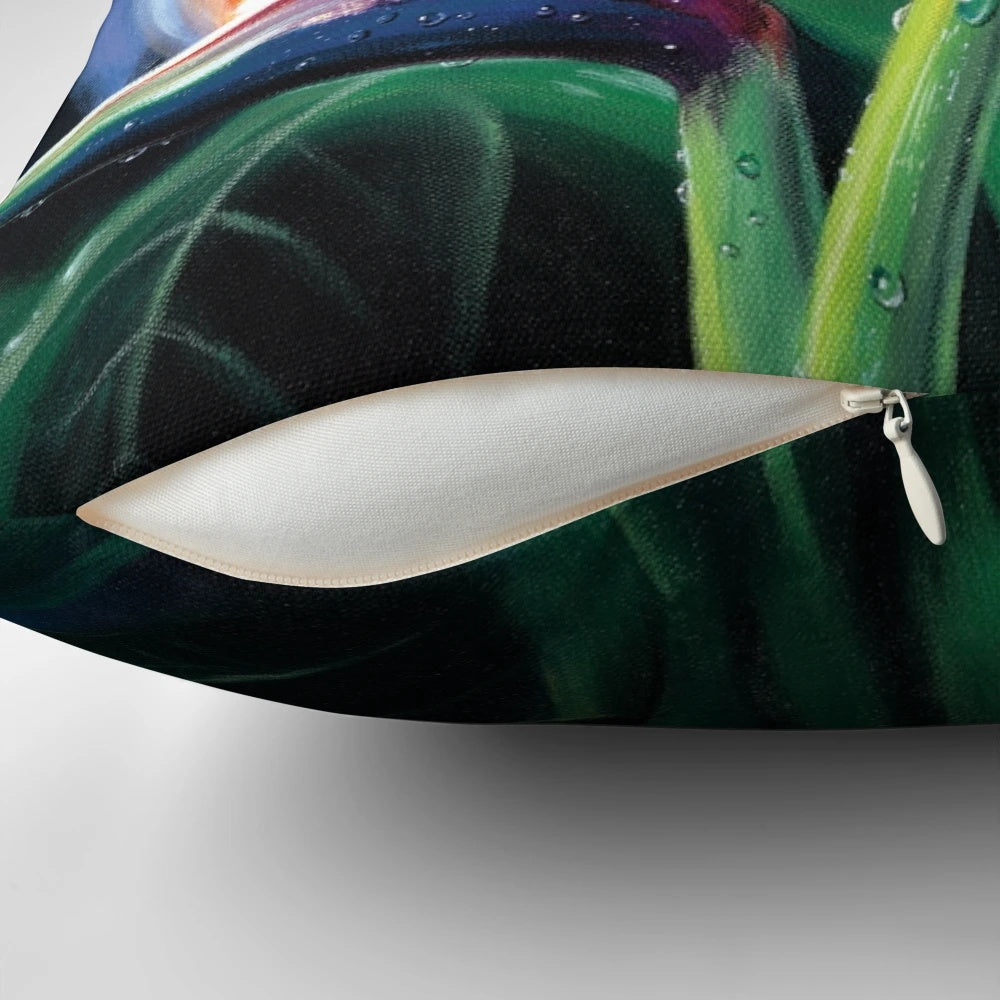 Colorful pillow featuring tropical flowers and plants, inspired by the beauty of Hawaii