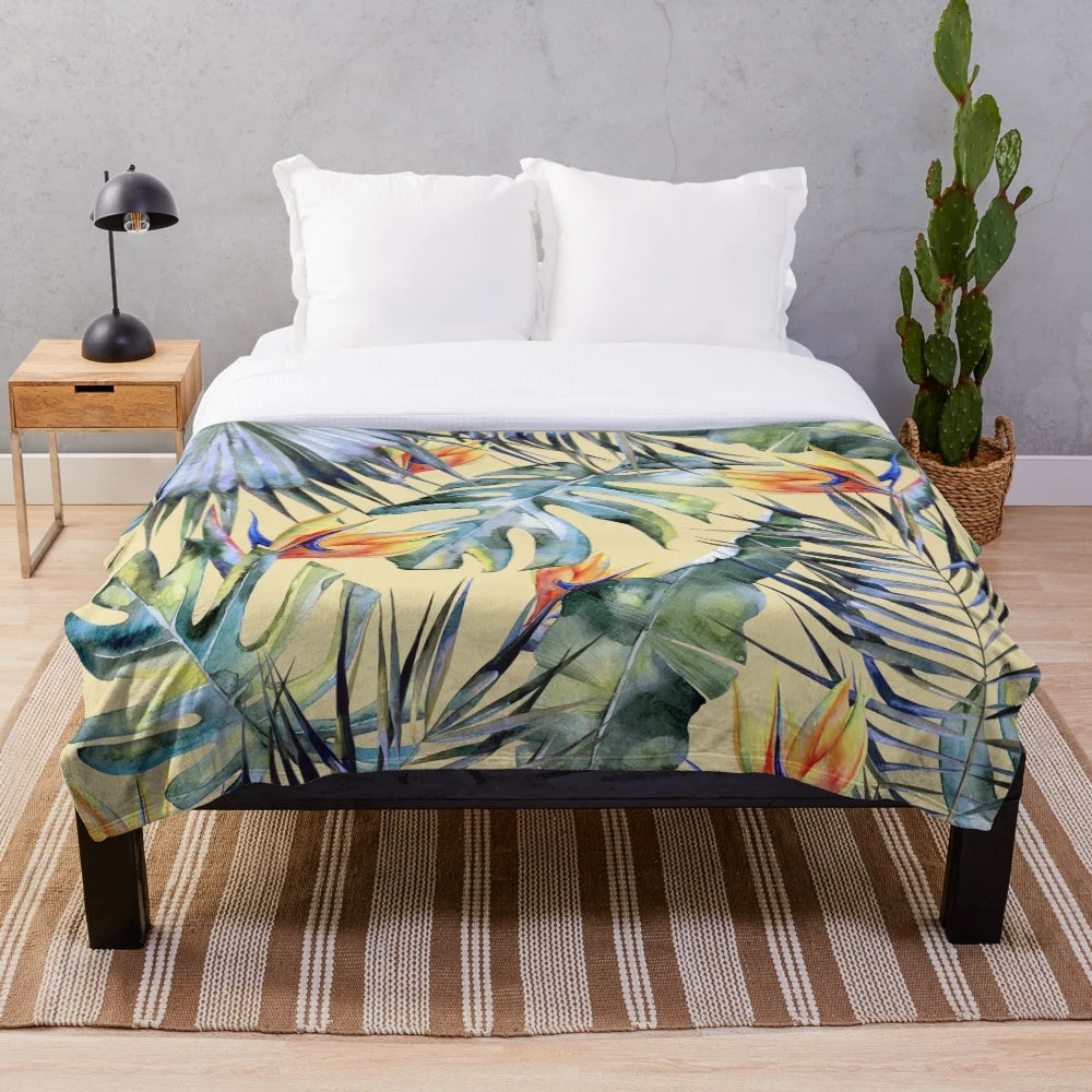 Tropical garden 4 plush blanket with watercolor leaves, bird of paradise, and monstera plant